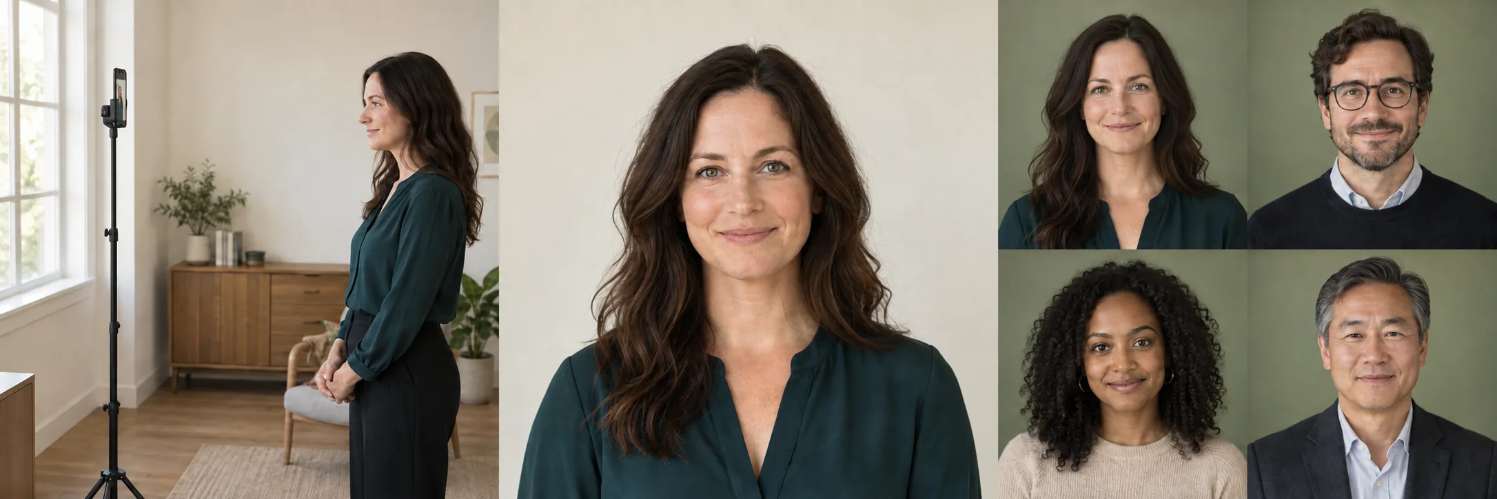 A woman faces soft window light with a phone on a tripod in front of her.
